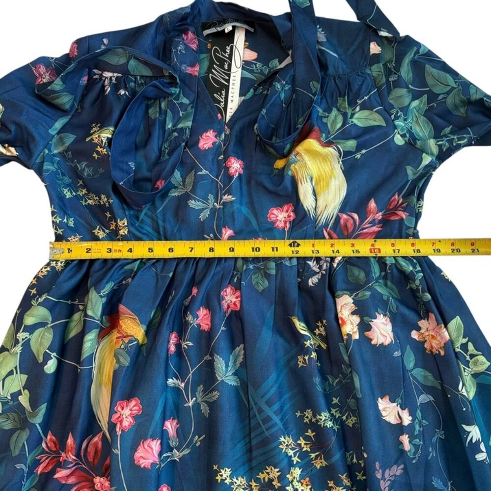 NWT Dalia Macphee Womens Navy Multi Long Sleeve Tie Neck Floral Maxi Dress Sz L - Picture 14 of 15